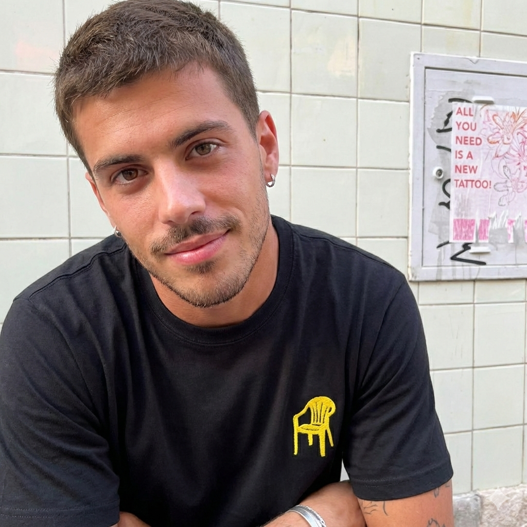 Garment-dyed t-shirt with minimalist embroidered plastic chair on left chest