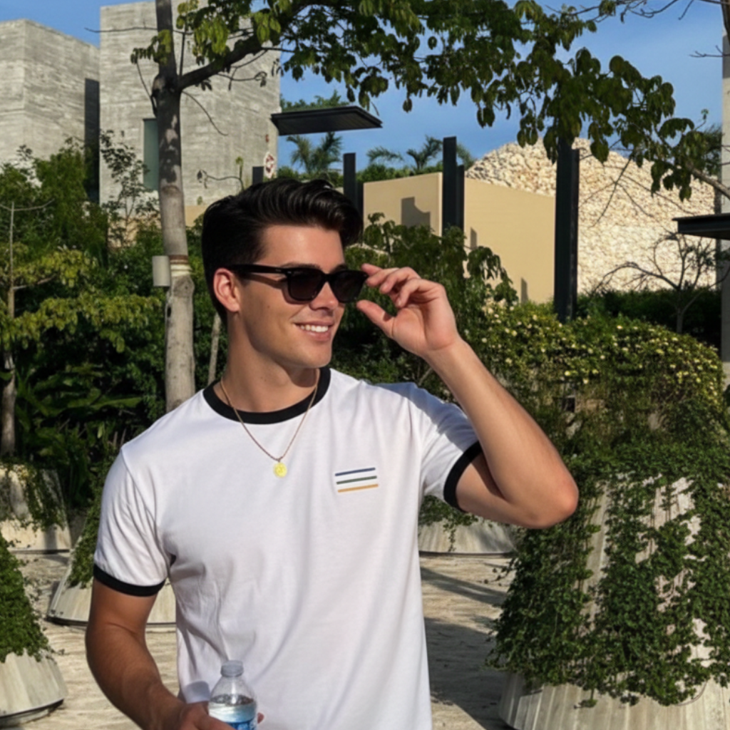 Minimal ringer tee featuring understated lines designed for everyday wear