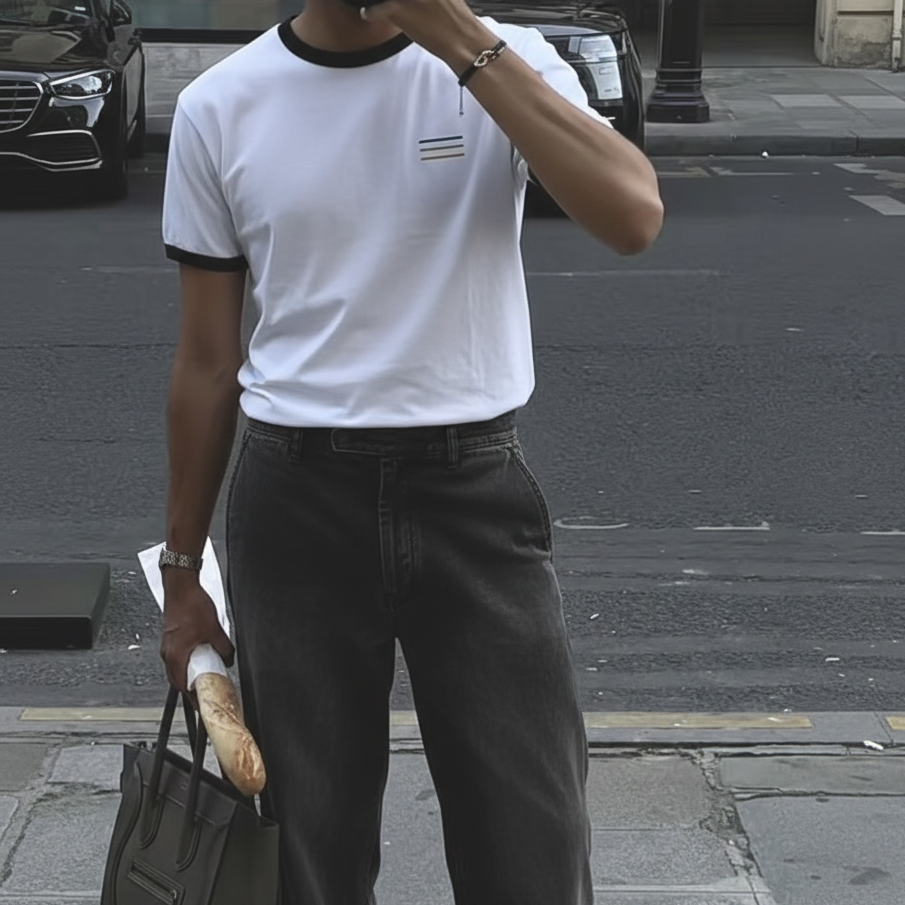 Lightweight ringer t-shirt with subtle horizontal line graphic on left chest