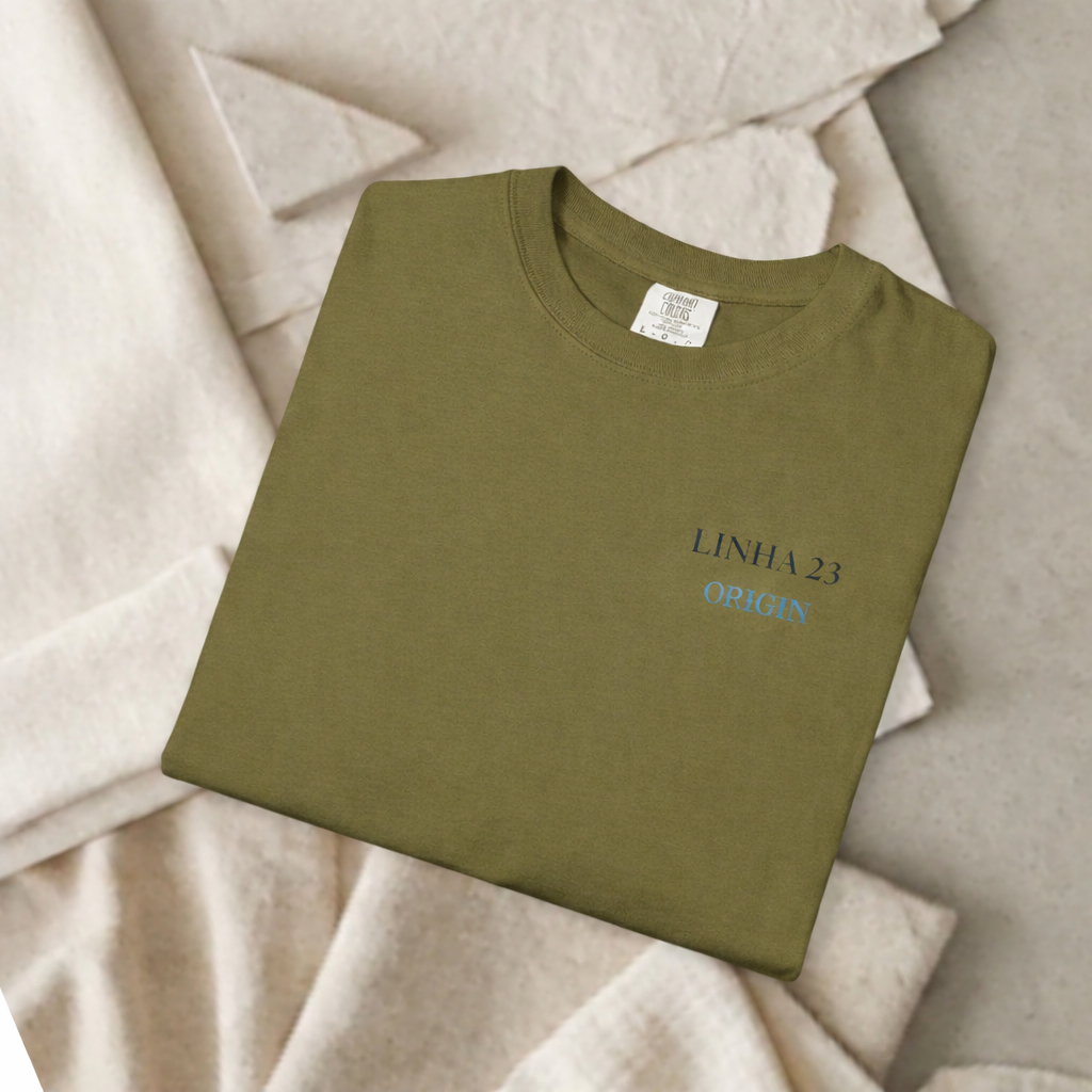 Close-up of linha 23 origin print on organic cotton fabric